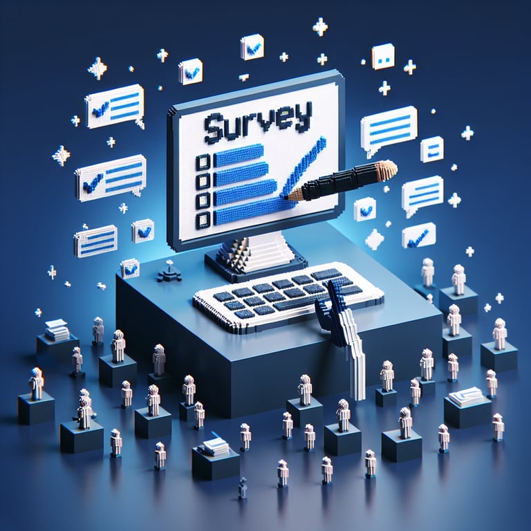 3D voxel art depicting the concept of online after-call surveys on a dark blue background.