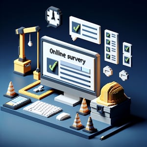 3D voxel art depicting an online workplace safety survey on a dark blue background.