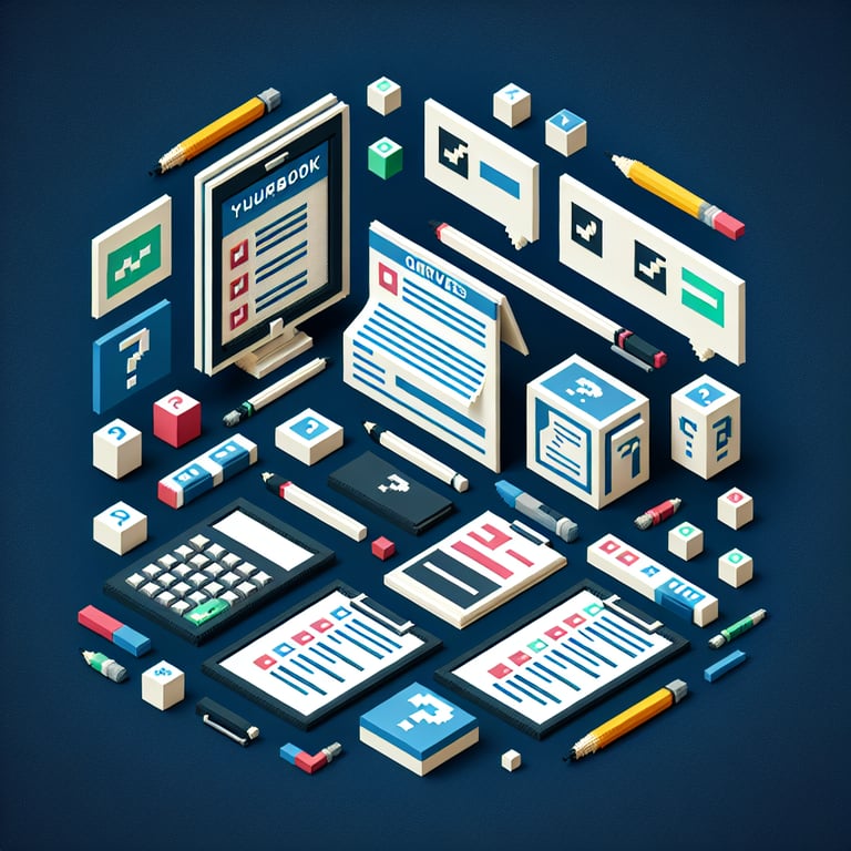 3D voxel art depicting online yearbook surveys on a dark blue background.