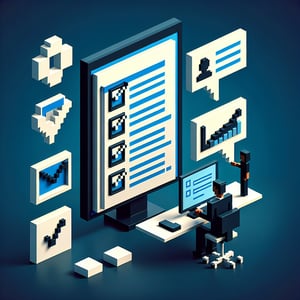 3D voxel art depicting the concept of online internal communications audit surveys on a dark blue background.