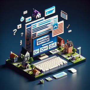 3D voxel art depicting the concept of American housing surveys on a dark blue background.