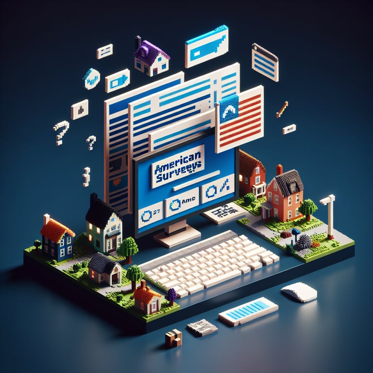 3D voxel art depicting the concept of American housing surveys on a dark blue background.