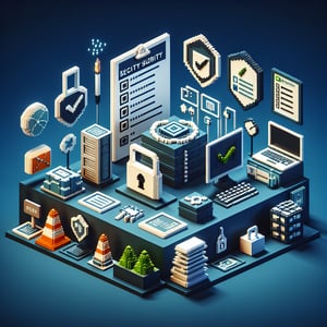 3D voxel art depicting online security surveys against a dark blue background.