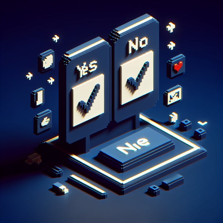 3D voxel art depicting online customer service surveys, featuring yes or no questions on a dark blue background.