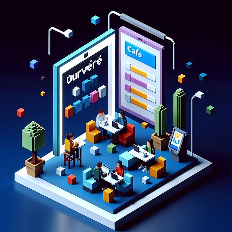 Artistic 3D voxel of online cafe questionnaire showcasing survey elements