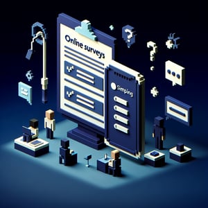 3D voxel art depicting online likert surveys with a dark blue background.
