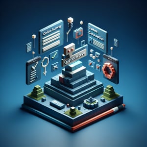 3D voxel art depicting online surveys and questions against a dark blue background.