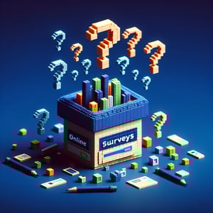 3D voxel art of online survey forms, symbolizing bar survey questions, against a dark blue background.