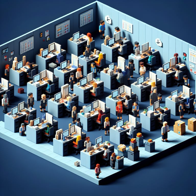 3D voxel art depicting online survey concept on a dark blue background, representing employee workload surveys.