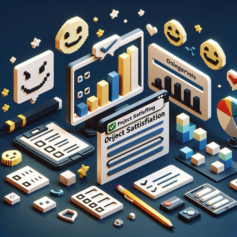 Creative 3D voxel art illustrating survey feedback questions