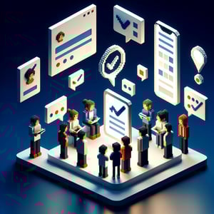 3D voxel art depicting the concept of online surveys about friends