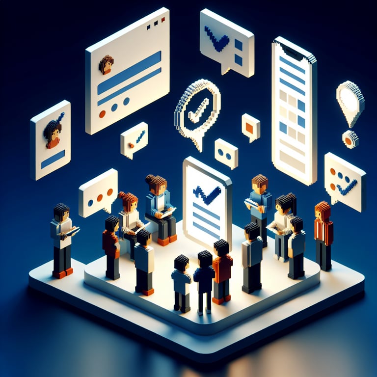 Artistic 3D voxel depicting a group attendance survey about friends coming together