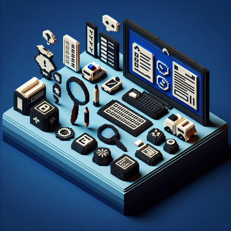 3D voxel art depicting online crime survey process for England and Wales on a dark blue background.