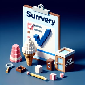 3D voxel art depicting an engaging online survey concept on a dark blue background, themed around an ice cream shop.