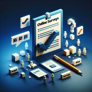 3D voxel art depicting online surveys, set against a dark blue background, symbolizing course survey questions.