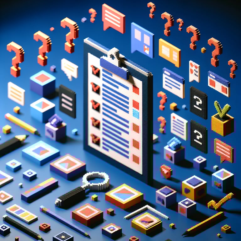 3D voxel art depicting the concept of online, senseless list surveys on a dark blue background.