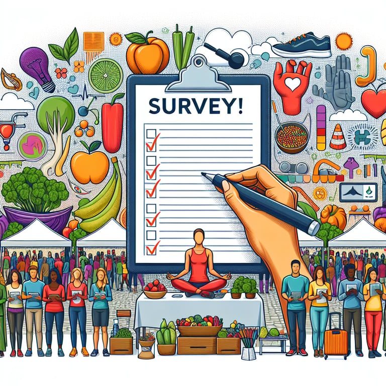 Illustration showcasing relevant topics for Wellness Fair survey questions.