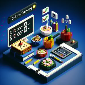 3D voxel art depicting an online survey concept, themed around breakfast in the classroom, on a dark blue background.