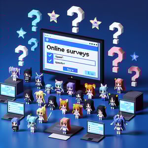 3D voxel art of an online anime survey with a dark blue background.