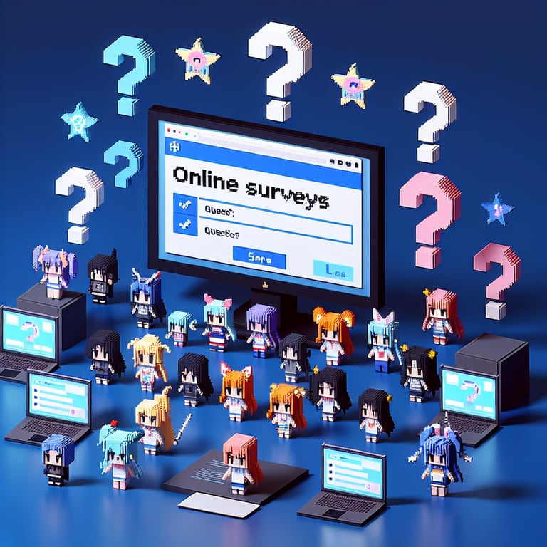 3D voxel art of an online anime survey with a dark blue background.