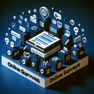 3D voxel art depicting online survey concept with a dark blue background for PMI surveys.