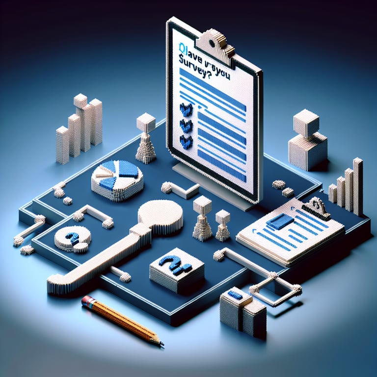 3D voxel art depicting online employee empowerment survey concept on a dark blue background.