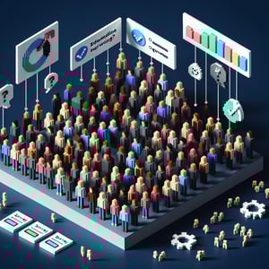 3D voxel art depicting the concept of online demographic survey questions on a dark blue background.