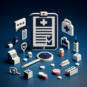 3D voxel art depicting online health care survey concept on a dark blue background.