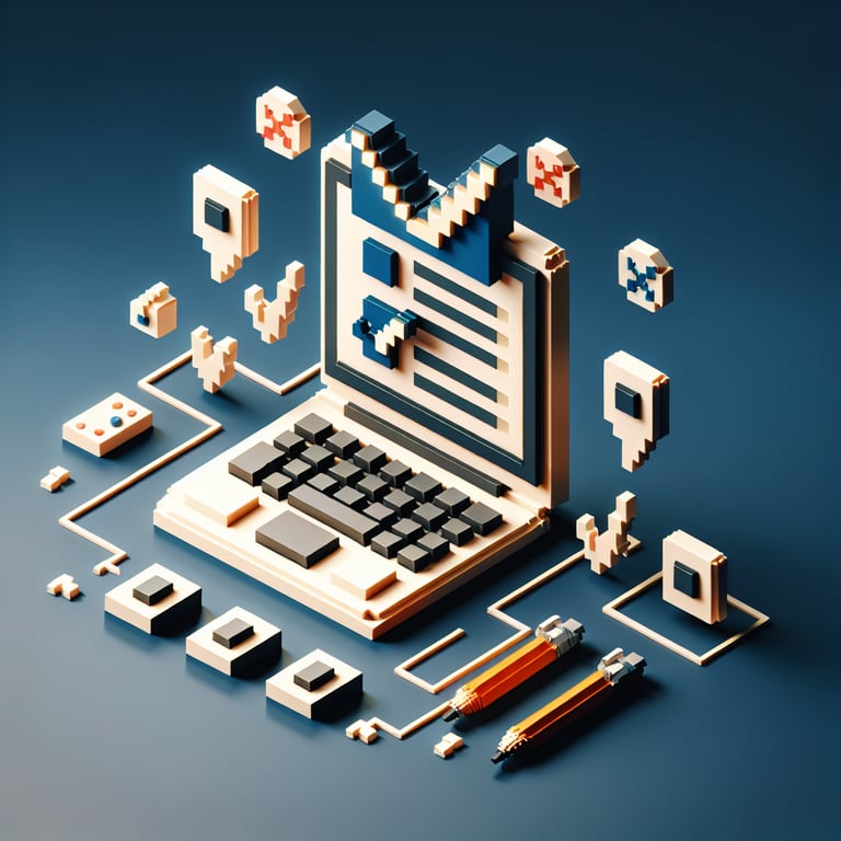 3D voxel art depicting the concept of online college class surveys on a dark blue background.
