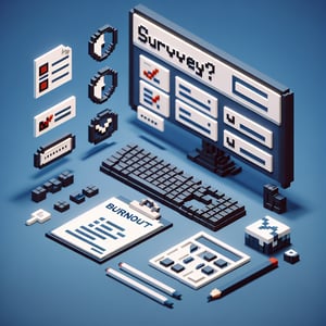 3D voxel art depicting online burnout survey concept on a dark blue background.