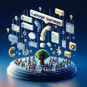3D voxel art depicting the concept of online language survey questions, set against a dark blue background.
