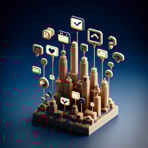 3D voxel art depicting online surveys with a focus on social media impact, set against a dark blue background.
