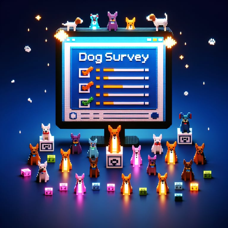 3D voxel art of a dog and survey clipboard on a dark blue background, representing dog surveys.