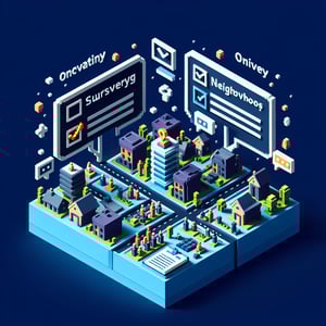 3D voxel art depicting online neighborhood association survey concept on a dark blue background.