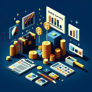 3D voxel art illustrating the concept of online economic surveys on a dark blue background.
