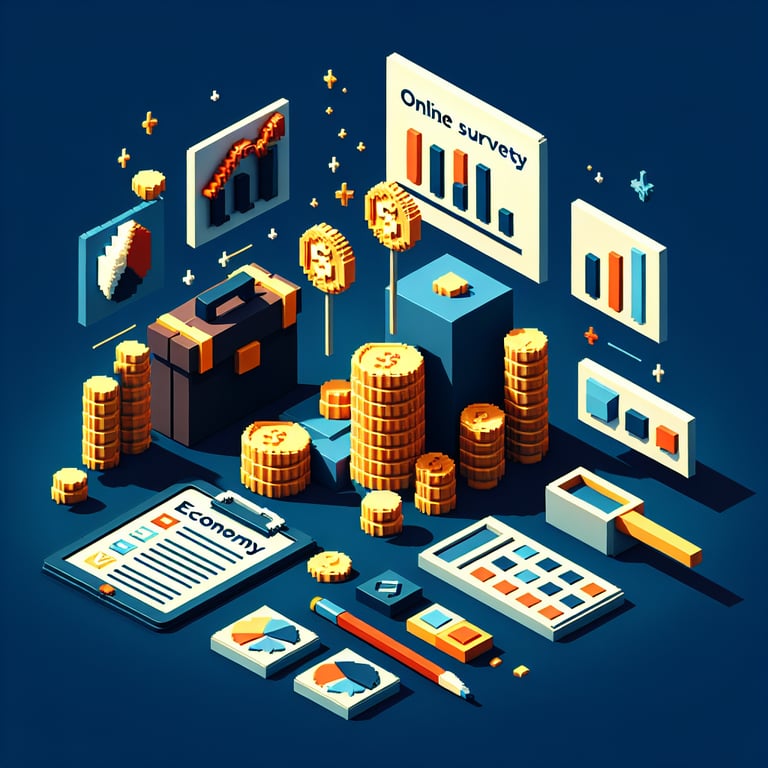 3D voxel art illustrating the concept of online economic surveys on a dark blue background.