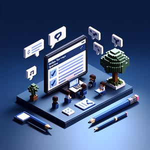 3D voxel art depicting online surveys, featuring dark blue background, suitable for high school students survey.