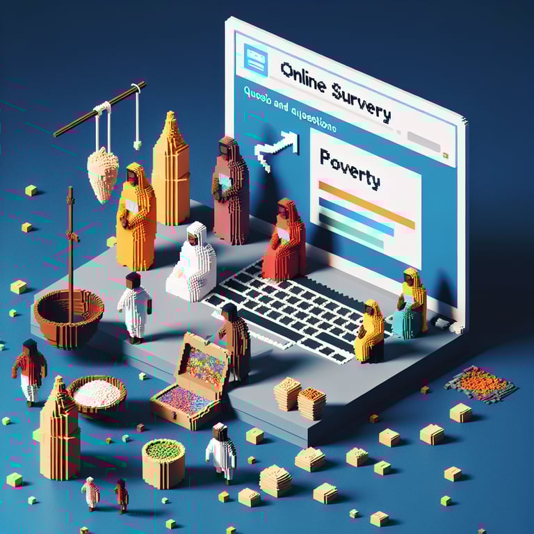 3D voxel art depicting online surveys about poverty in India on a dark blue background.