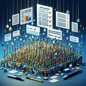 3D voxel art depicting online multiple choice matrix surveys, set against a dark blue background.