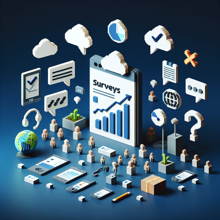3D voxel art illustrating the concept of online benefit communication surveys on a dark blue background.