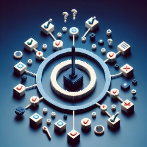 3D voxel art depicting online employee satisfaction surveys on a dark blue background.