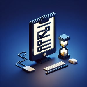 3D voxel art depicting online procrastination surveys on a dark blue background.
