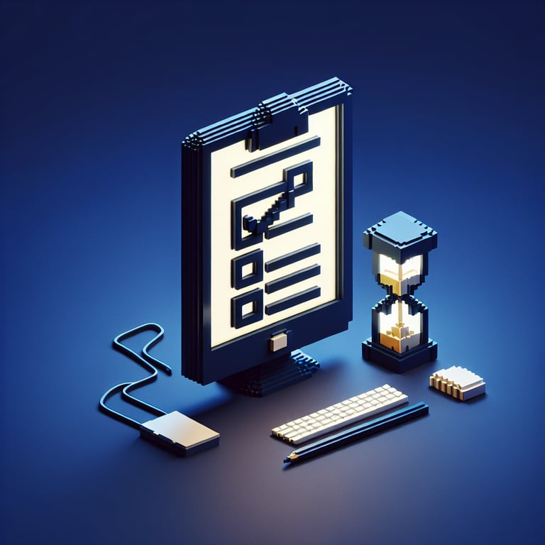 3D voxel art depicting online procrastination surveys on a dark blue background.