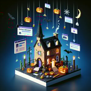 3D voxel art depicting a Halloween-themed online survey on a dark blue background.
