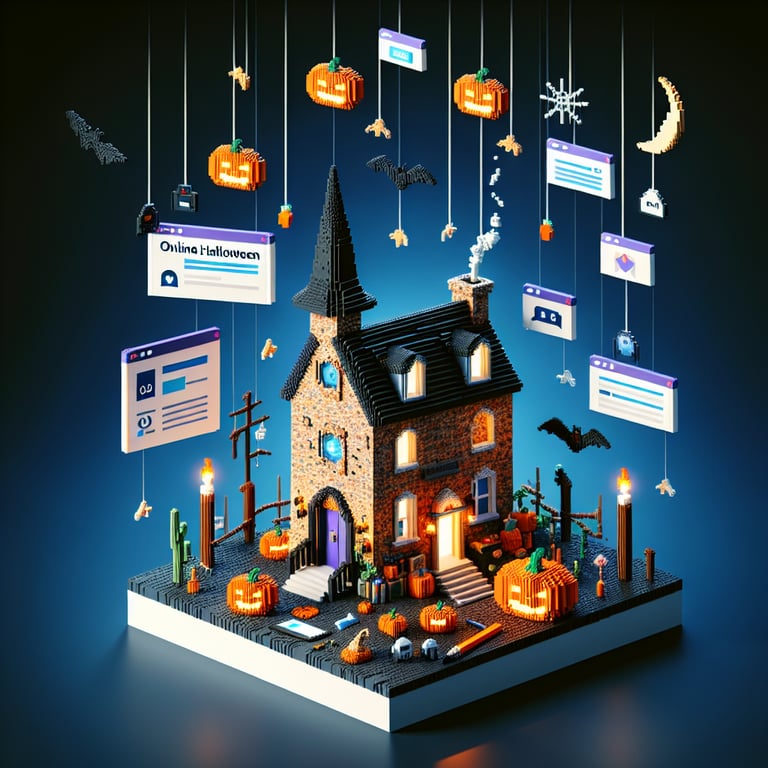 3D voxel art depicting a Halloween-themed online survey on a dark blue background.