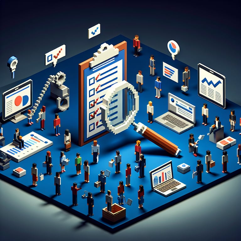 3D voxel art depicting the concept of online organizational commitment surveys on a dark blue background.