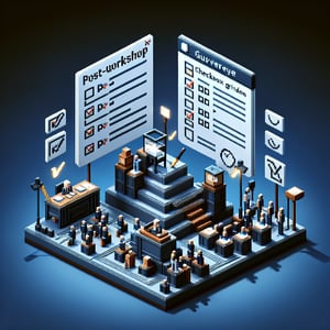 3D voxel art depicting online surveys, ideal for a post workshop survey landing page with a dark blue background.
