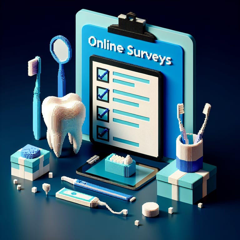 3D voxel art depicting online dental hygiene survey with a dark blue background.