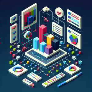 3D voxel art depicting online surveys and questions with a dark blue background.