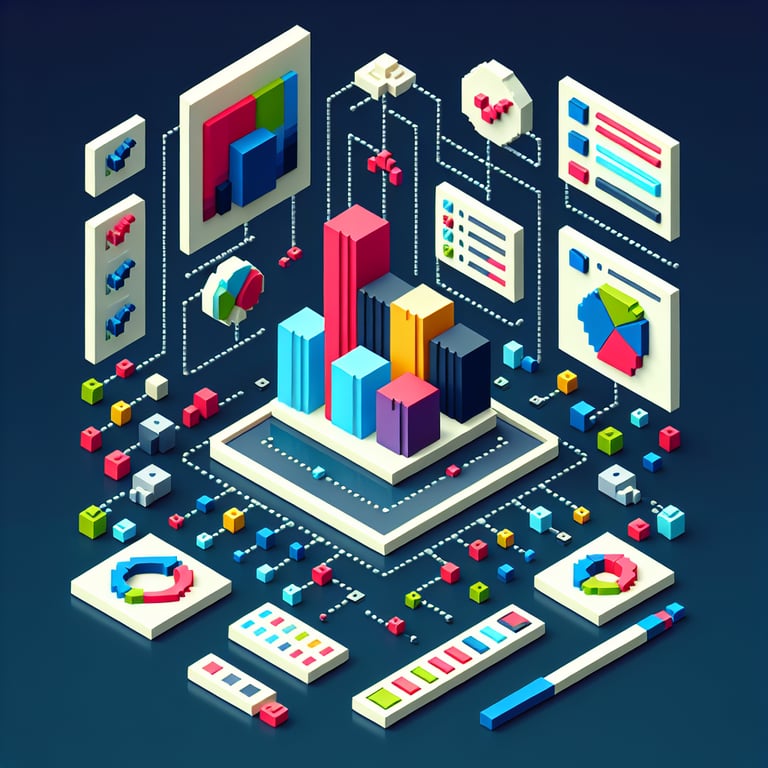 3D voxel art depicting online surveys and questions with a dark blue background.